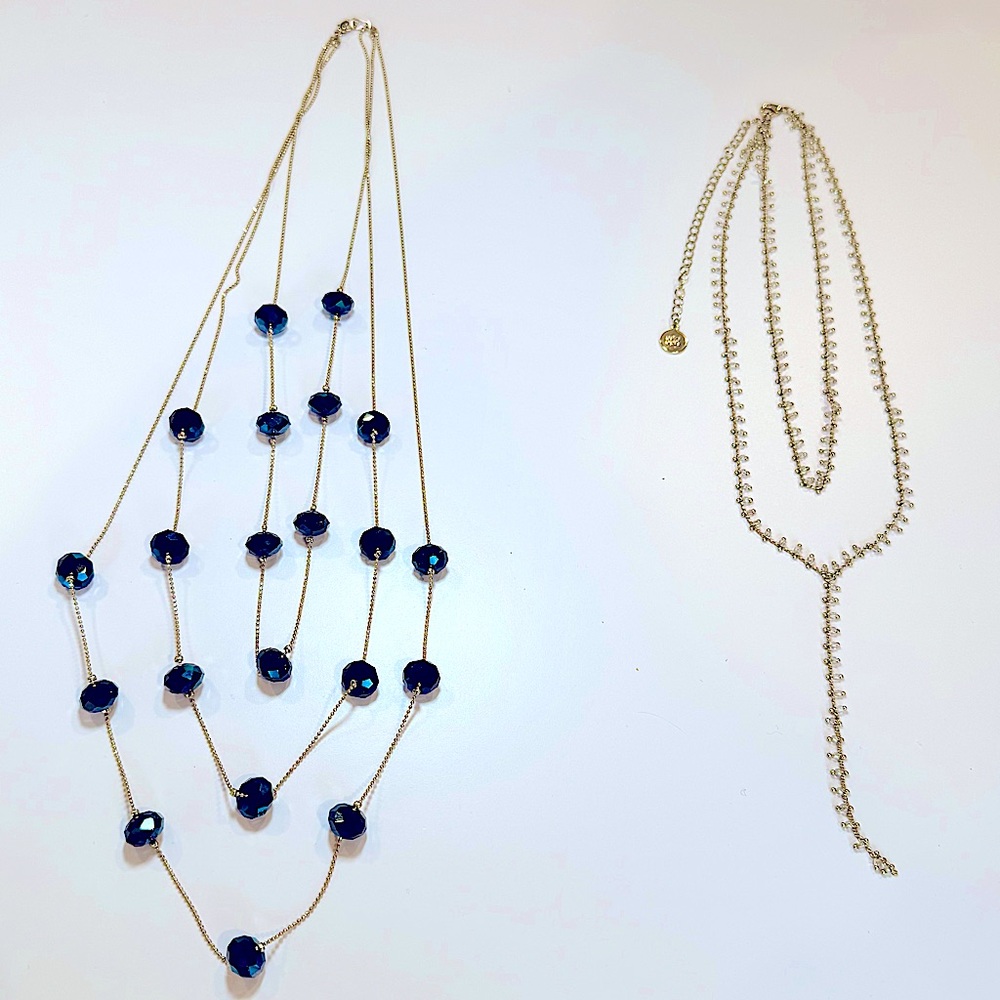 Set Of 2 New Multi Chain Necklaces; Gold W Clear Beads & Gold W Sapphire Gems